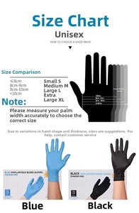 Size guide for disposable nitrile gloves showing palm width measurements for S M L XL