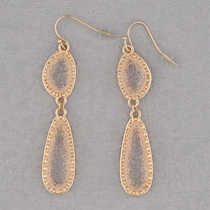 Detail showing crystal cluster teardrop earrings with gold textured edges and double drops