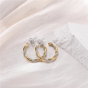 18K gold-plated twisted rope C-shape earrings with two-tone gold and silver finish