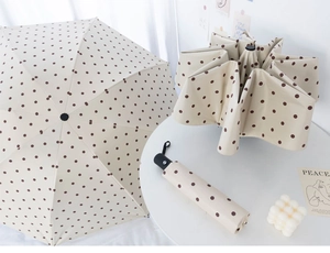 Beige umbrella with brown polka dots showing open and folded states with black handle