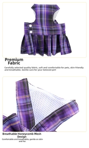 Detail of purple plaid dog harness dress featuring breathable white honeycomb mesh lining