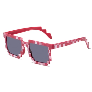 Funny 8-bit pixelated sunglasses with red and pink checkerboard pattern and dark lenses