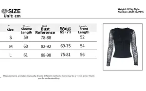 Size chart showing S, M, L dimensions for the V-neck lace long sleeve slim fit top