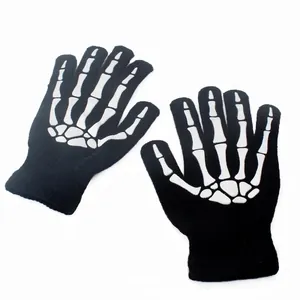 Full Finger Knitted Gloves White Skeleton Bone Print Halloween Costume Party Gothic Black Elastic