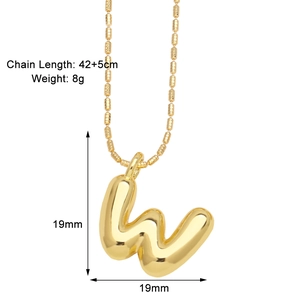Detail of 3D gold-plated letter W pendant with measurements and ball chain length