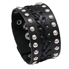 Detail of wide black leather cuff bracelet featuring punk metal rivets and braided texture