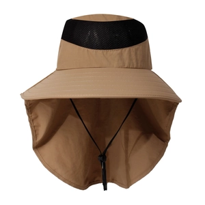 Detail of khaki sun hat with breathable black mesh top and protective neck flap
