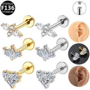 ASTM F136 Titanium Lip Rings Labret Studs Sterile Internal Threaded Cubic Zirconia Butterfly Heart Flower Piercing Jewelry