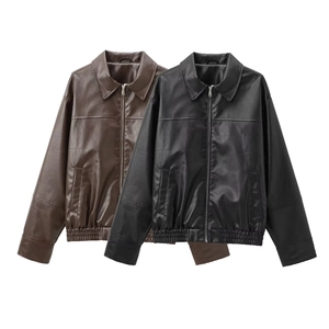 Faux leather bomber jackets in black and dark brown with full zip and ribbed cuffs