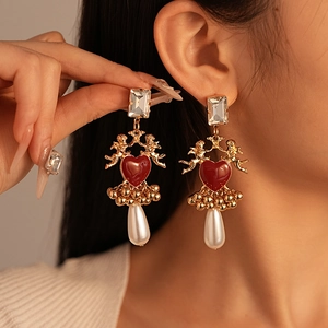 Boucles D'oreilles Pendantes Coeur Cupidon Baroque Avec Alliage Strass Fausse Künstliche Perle Et Tige En Argent Sterling 925 Bijoux Style Français
