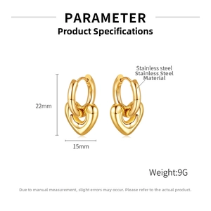 Detailed specs for gold stainless steel heart earrings, measuring 22mm x 15mm and 9g weight