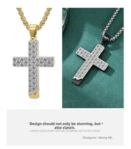 Detail of cross pendant featuring honeycomb texture and stylish two-tone metal finish