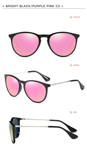Three-angle view of retro cat-eye polarized sunglasses with purple pink mirrored lenses