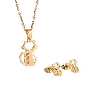 Charming golden cat pendant necklace and matching stud earrings jewelry set for women