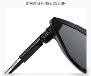 Nahaufnahme des verstärkten Metallscharnier-Designs bei der schwarzen Halbrand-Sonnenbrille