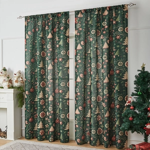 Detail of dark green Christmas curtain with gold tree prints and rod pocket design