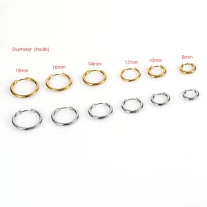 Polished stainless steel hoop earrings in gold and silver showing inner diameter sizes