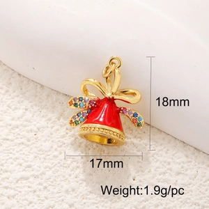 Detailed view of red enamel Christmas bell charm with colorful zircon in 17x18mm size