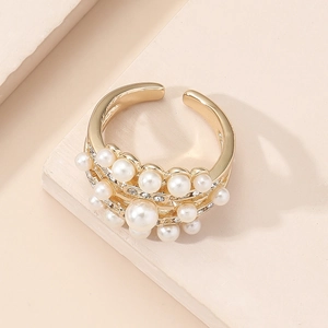 French vintage style open ring with white pearls and rhinestones in gold finish