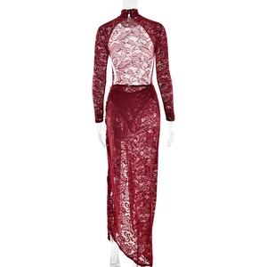 Detailed back view of deep red lace bodysuit and long skirt with backless design