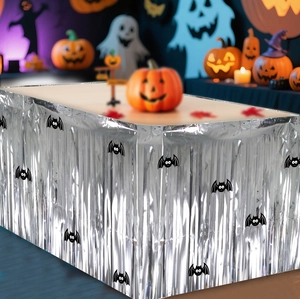 Silver Halloween fringe table skirt with black bat motifs for party decorations