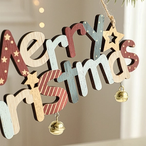 Rustic wooden Merry Christmas sign with bells for Xmas tree decoration and DIY crafts