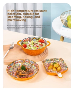 Close-up of Bohemian ceramic dinnerware set with orange mandala patterns for ovens