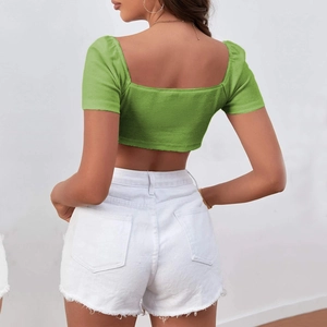 Rear view of grass green ribbed knit crop top with square back cut-out design