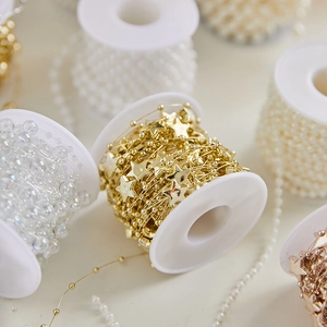 Decorative golden star bead chain and white pearl string for DIY Christmas tree hanging