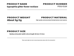 Size chart showing titanium steel sparkling necklace and bracelet set specifications