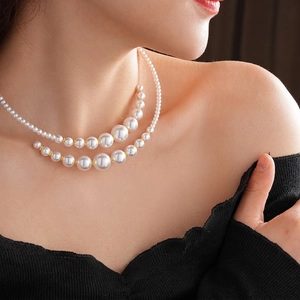 Layered Artificial Pearl Choker Necklace Copper Gold Plated Gradient Artificial Pearls Clavicle Chain French Retro Style For Women