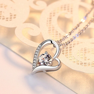 S925 sterling silver heart necklace with a sparkling central zircon and pave diamond accents