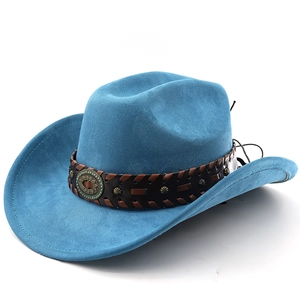 Lake blue suede western cowboy hat with brown leather band and turquoise metal ornament