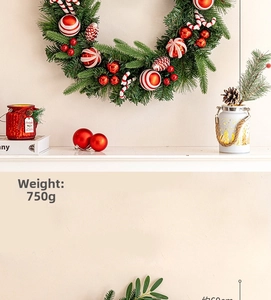 Detailed 60cm Christmas wreath featuring red white striped balls and natural pinecones