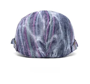 Rear view of striped vintage flat cap featuring adjustable metal side buckles
