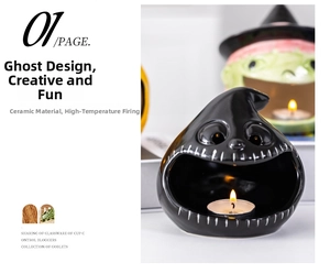 Ceramic ghost candle holder with Jack Skellington design showing flickering warm candlelight