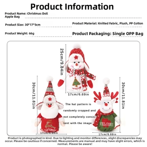 Detail view of Christmas doll gift bags featuring snowman, Santa, and reindeer designs
