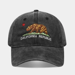 Detailed embroidery of California Republic bear on washed dark grey cotton baseball cap