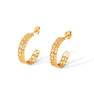 Polished golden stainless steel C-shaped hollow earrings with vintage chain weave design