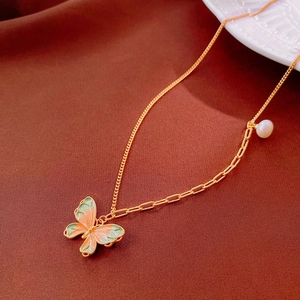 Copper Butterfly Pendant Necklace For Women Real Gold Plated Enamel Wings Asymmetrical Clavicle Chain With Imitation Artificial Pearl