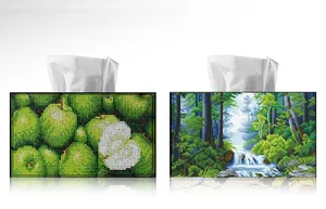Detail of DIY diamond painting tissue boxes with apple and forest landscape designs