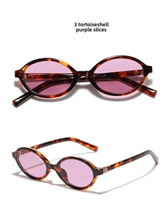 Detailed close-up of retro oval tortoiseshell frame glasses with purple lenses