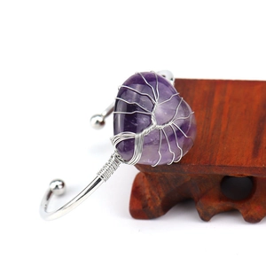 Handmade silver wire-wrapped natural purple amethyst heart tree of life open bangle