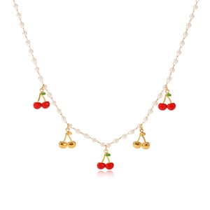 Collier cerise de style français avec perles et émail rouge en acier inoxydable
