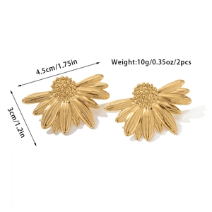 Detailed view of gold flower earrings with tiger eye stone and exact size measurements