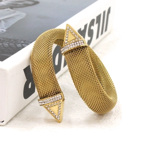 Mesh woven 18K gold plated open cuff bracelet with triangle crystal ends for women
