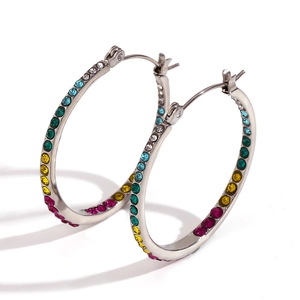 Silver stainless steel hoop earrings with rainbow gradient crystal stones and pins
