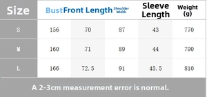 Size chart detail for casual paneled jacket showing bust, length, and shoulder dimensions