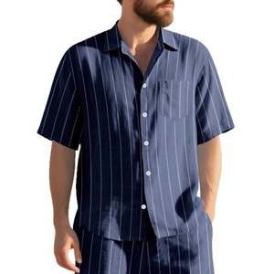 Men's blue vertical striped short sleeve shirt and shorts set in breathable cotton linen