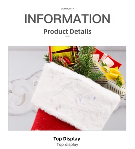 Top detail of red knitted Christmas stocking with white faux fur trim and gift box filling